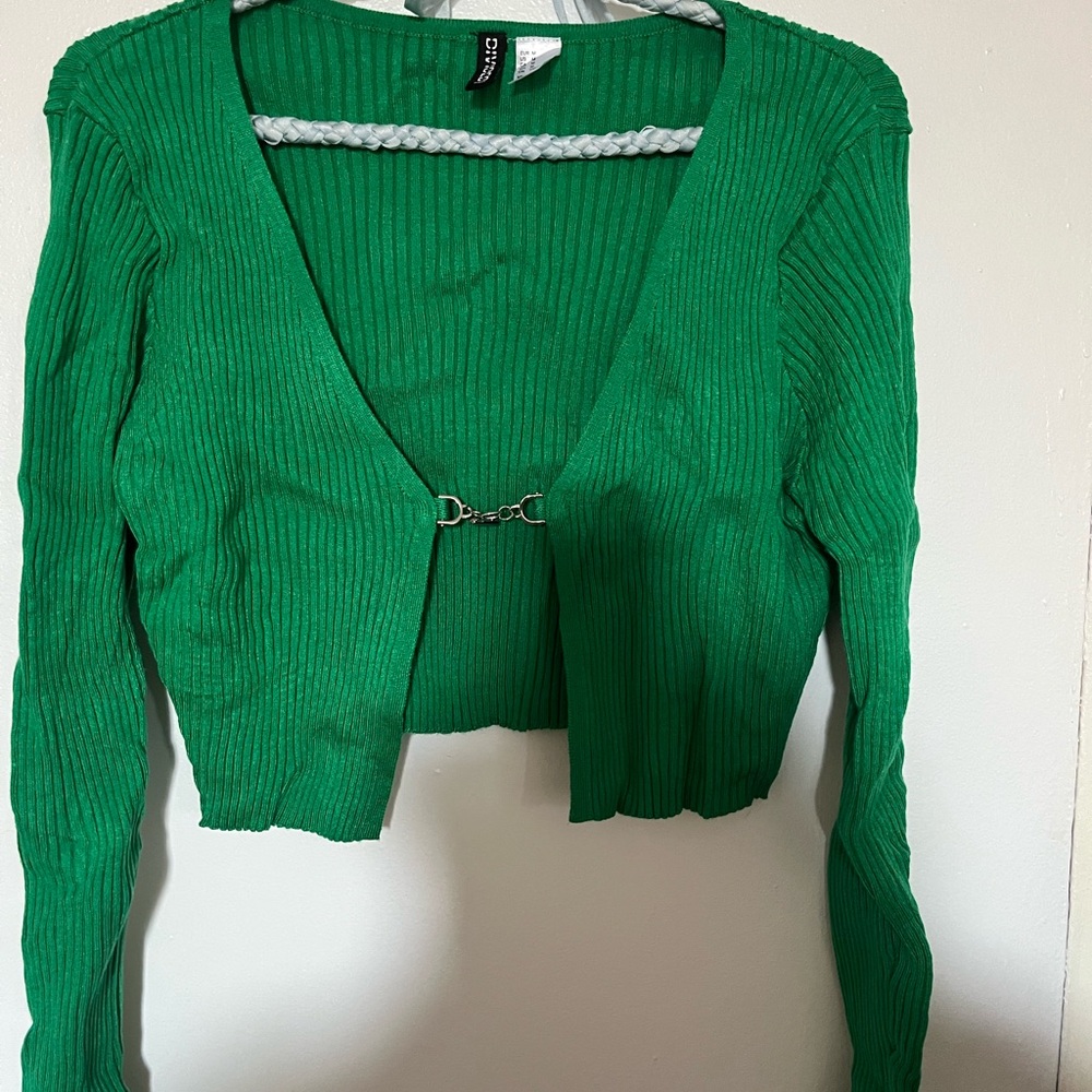 H&M Green Ribbed Long Sleeve Crop Cardigan
